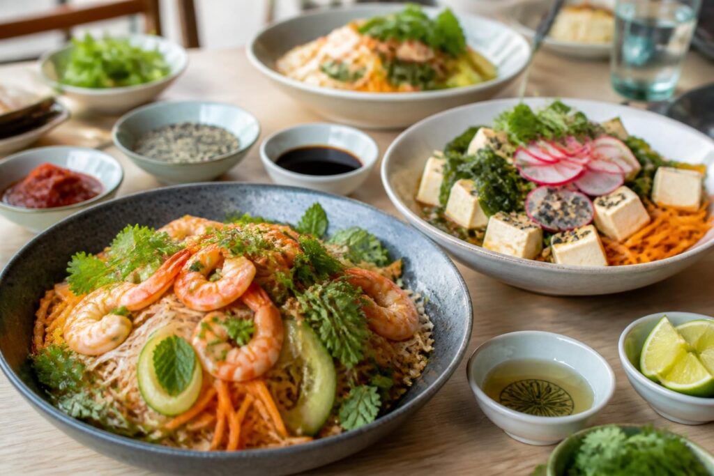 découvrez nos salades-repas du monde avec des bowls thaï savoureux, des salades japonaises au tofu délicates et des assaisonnements authentiques pour un repas sain et gourmand.